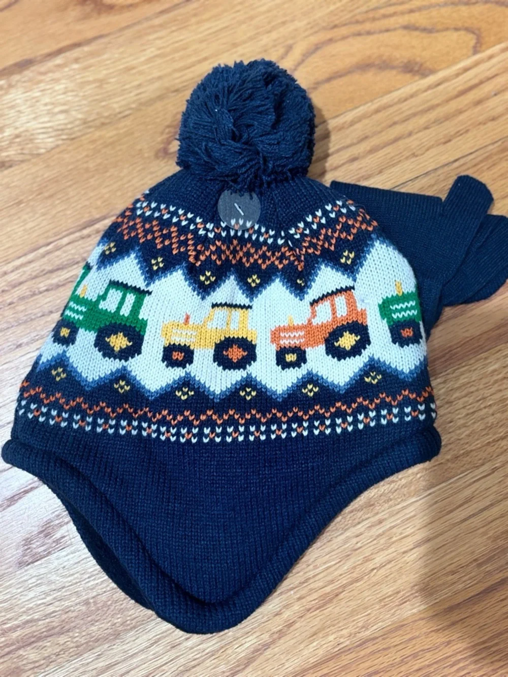 Navy Pom Pom Earflap Beanie and Mittens Tractor Fair Isle Knit Pattern NWT